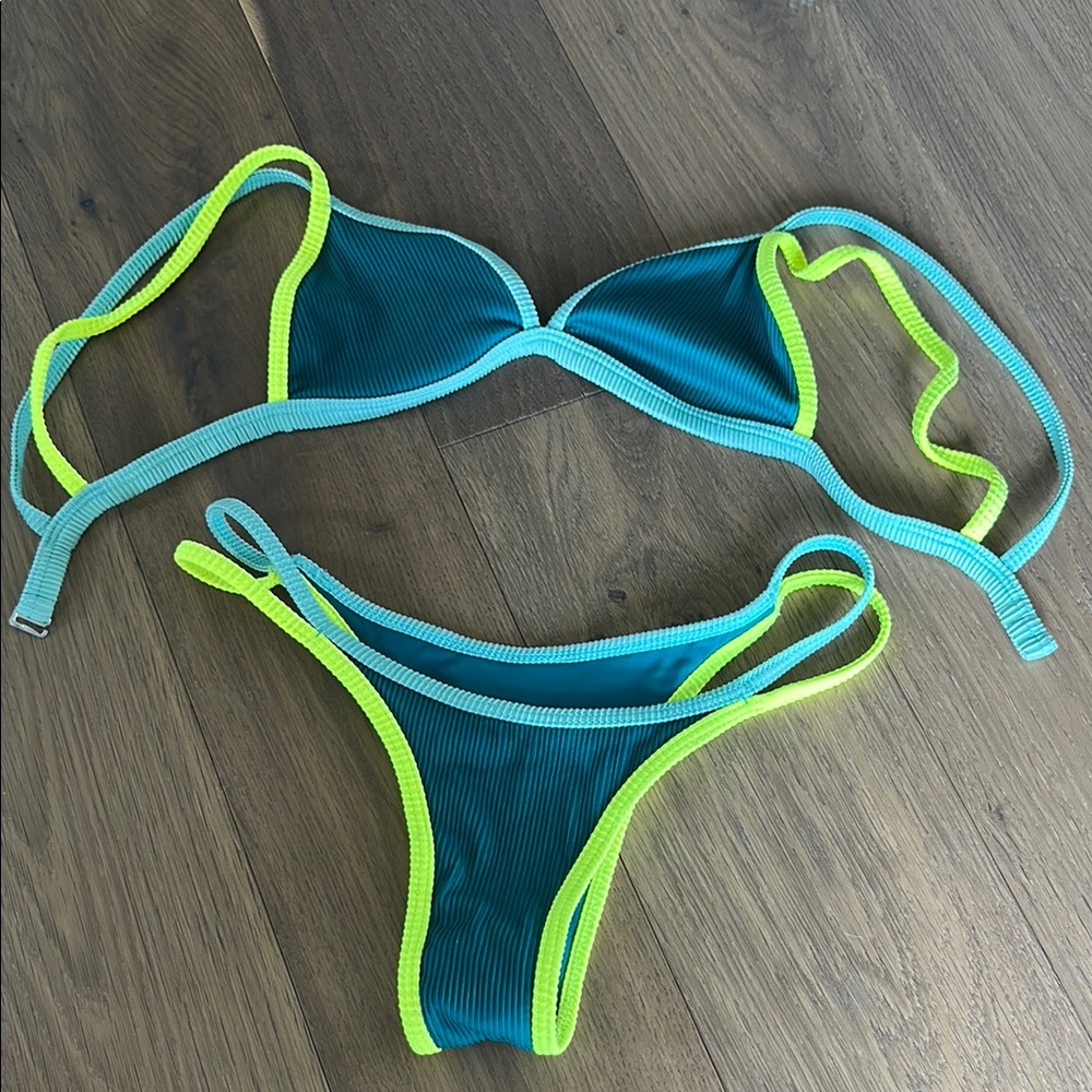 One One Swimwear Teal and Neon Green Bikini Set